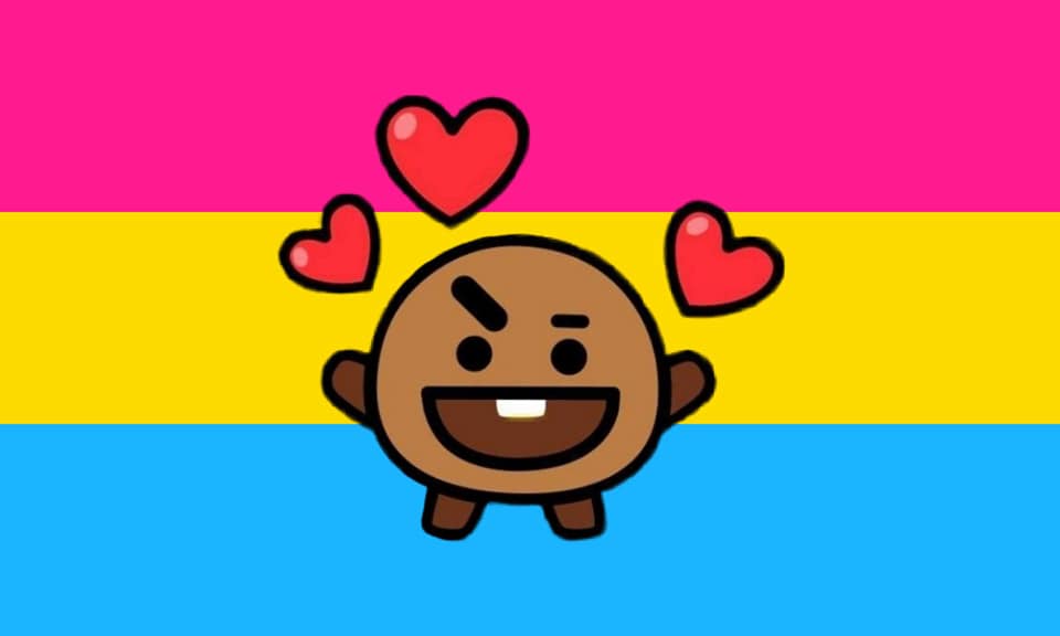 a cutout of shooky with hearts around them over the pan flag