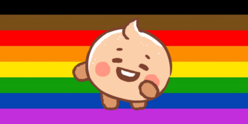 A sticker of bt21 baby shooky smiling with their eyes closed and them putting their arm to their mouth over the philly pride flag