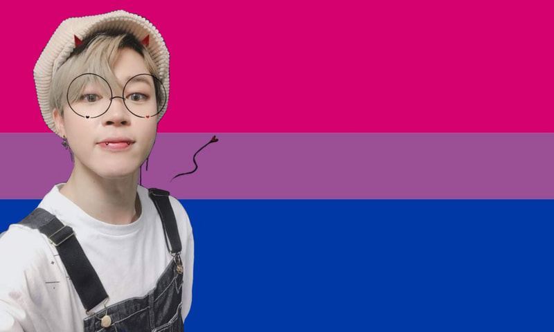 a cutout of a jimin selfie where he has a filter that gives him glasses, horns, fangs, and a heart tail over the bi flag